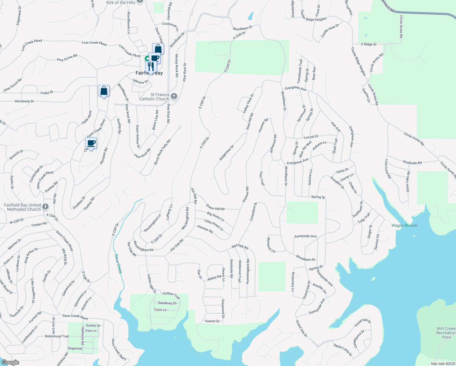 map of restaurants, bars, coffee shops, grocery stores, and more near 101 Eagle Ridge Trce in Fairfield Bay