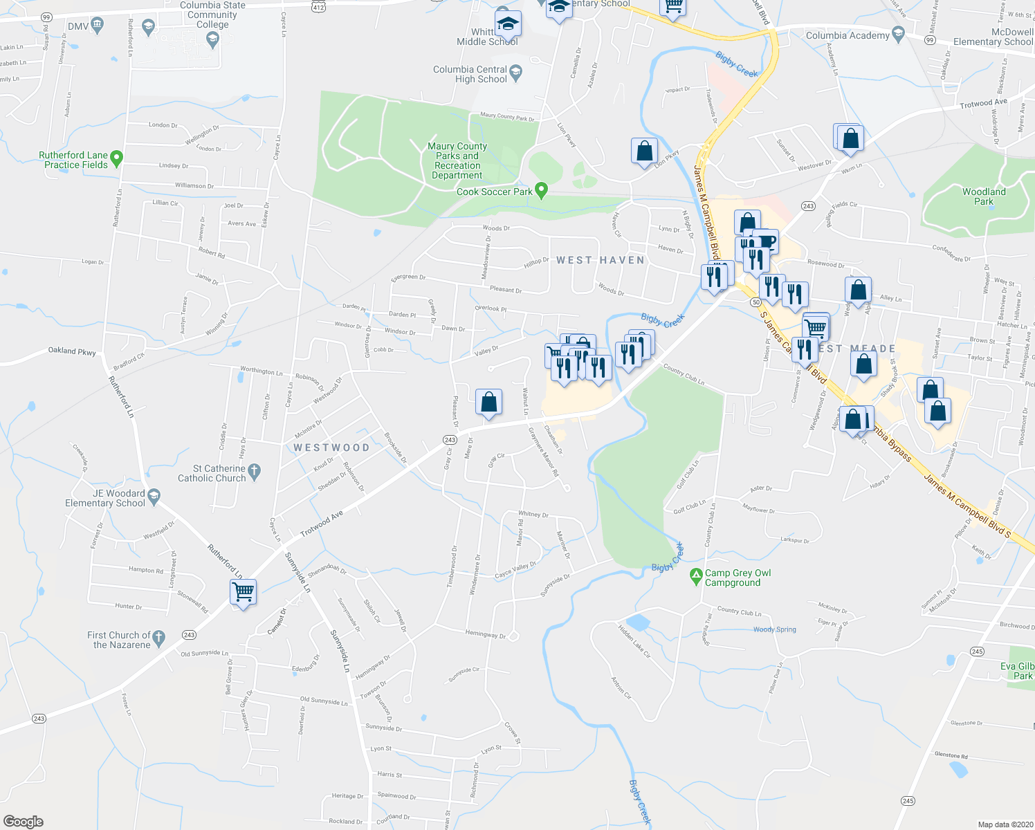 map of restaurants, bars, coffee shops, grocery stores, and more near 2702 Trotwood Avenue in Columbia