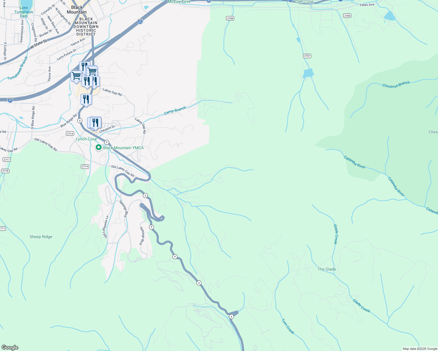 map of restaurants, bars, coffee shops, grocery stores, and more near 416 Ivy Road in Black Mountain