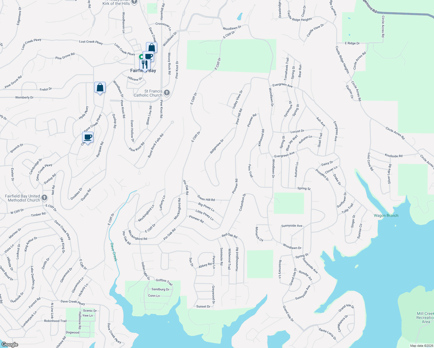 map of restaurants, bars, coffee shops, grocery stores, and more near 101 Eagle Ridge Trce in Fairfield Bay