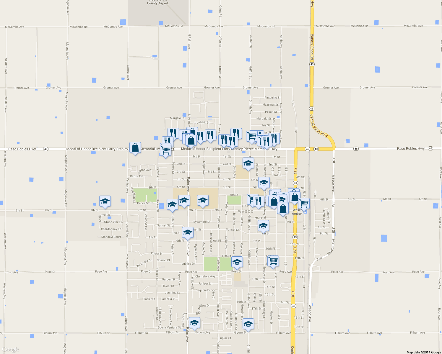 map of restaurants, bars, coffee shops, grocery stores, and more near 1690 4th St in Wasco