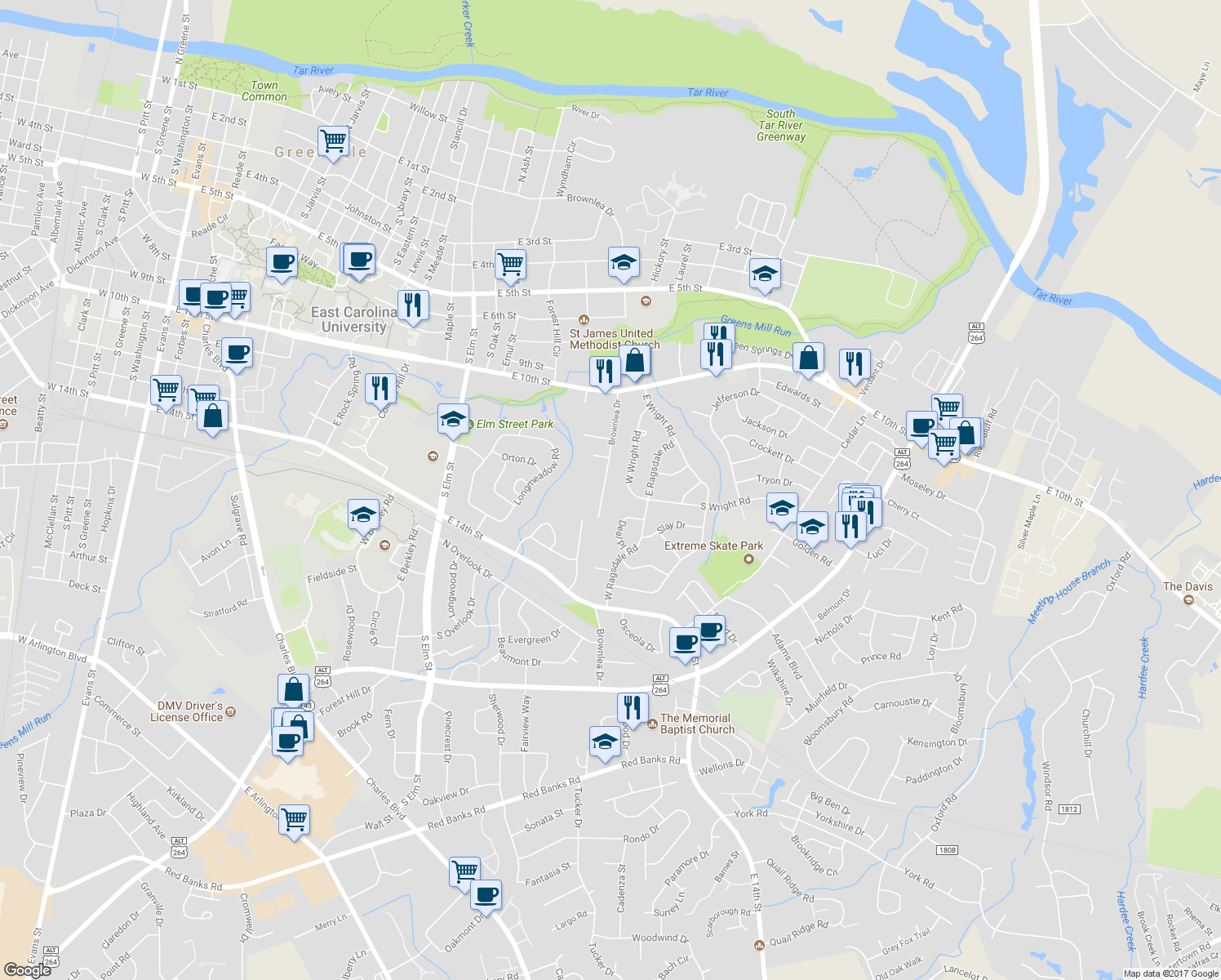 map of restaurants, bars, coffee shops, grocery stores, and more near 1106-1108 West Wright Road in Greenville