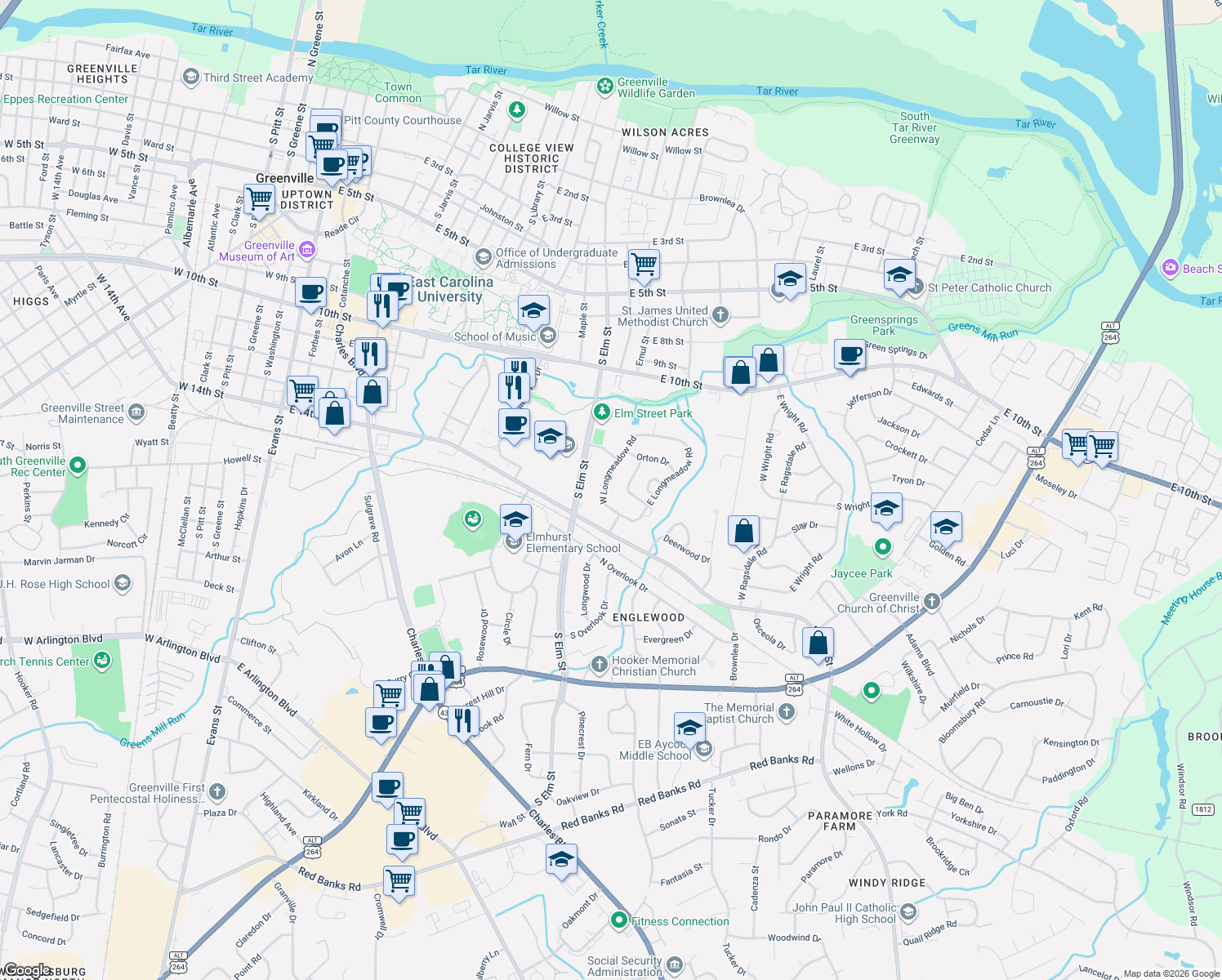 map of restaurants, bars, coffee shops, grocery stores, and more near 526 W Longmeadow Rd in Greenville