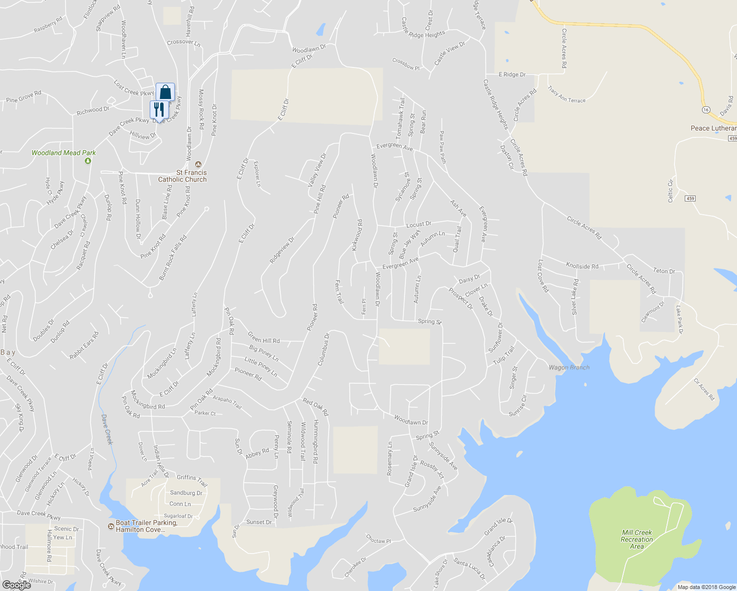 map of restaurants, bars, coffee shops, grocery stores, and more near 114 Fern Place in Fairfield Bay