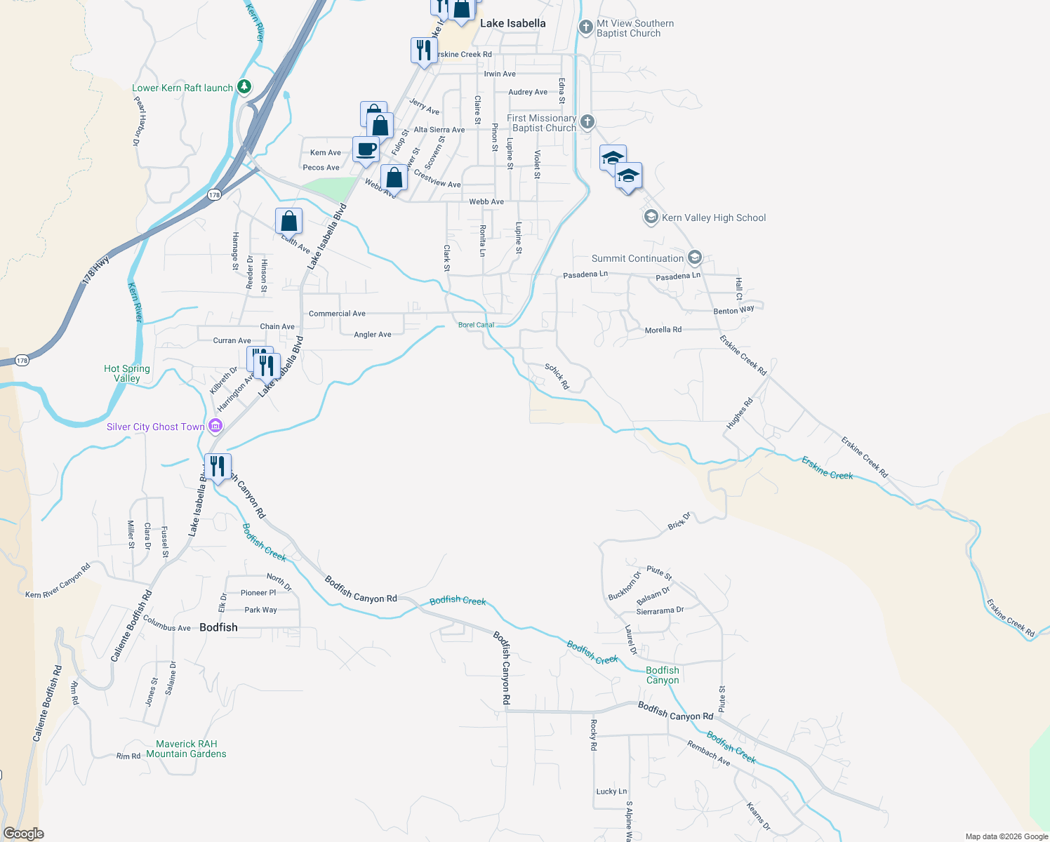 map of restaurants, bars, coffee shops, grocery stores, and more near 7759 Red Hill Road in Lake Isabella