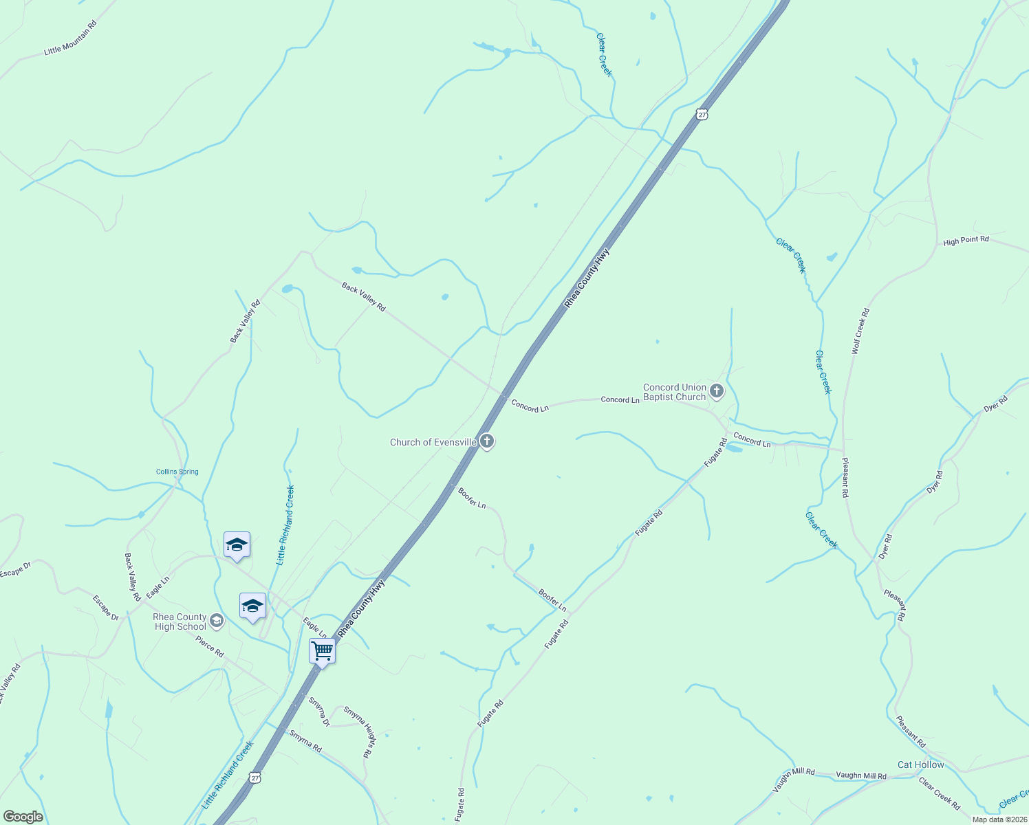 map of restaurants, bars, coffee shops, grocery stores, and more near 140 Concord Lane in Evensville