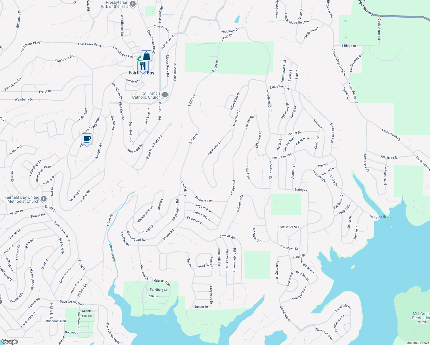 map of restaurants, bars, coffee shops, grocery stores, and more near 101 Eagle Ridge Trce in Fairfield Bay