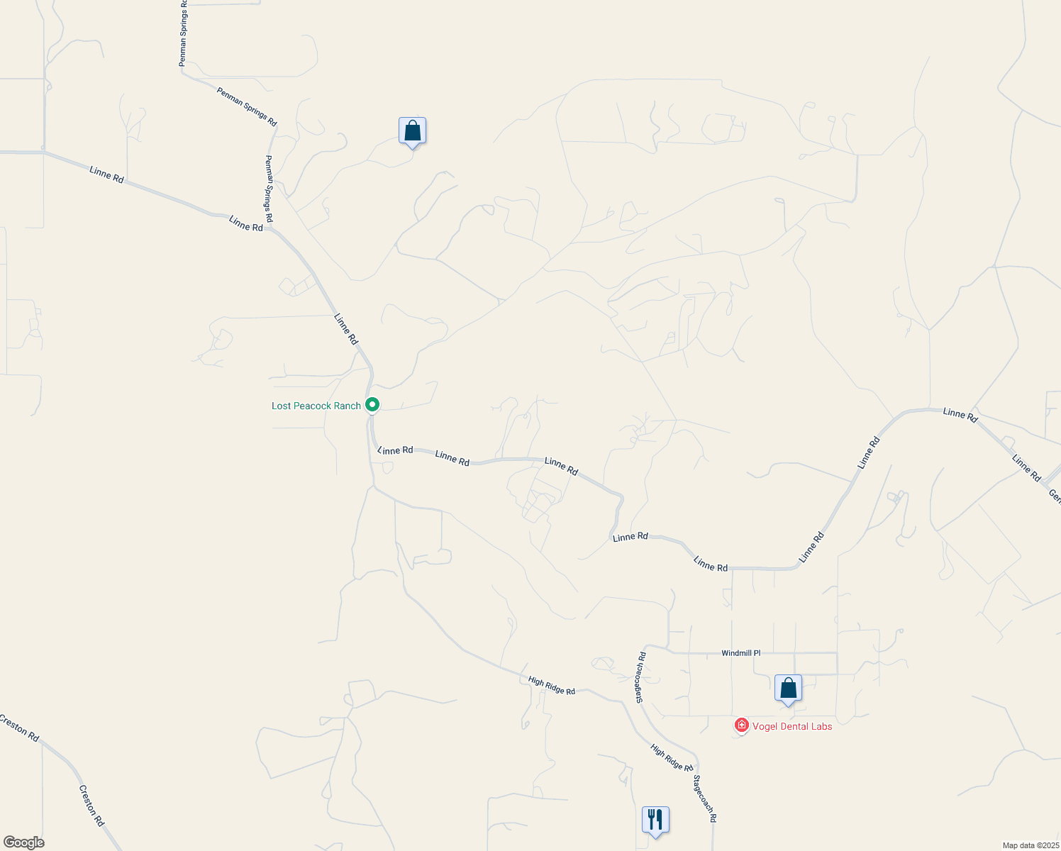 map of restaurants, bars, coffee shops, grocery stores, and more near 5640 Linne Road in Paso Robles