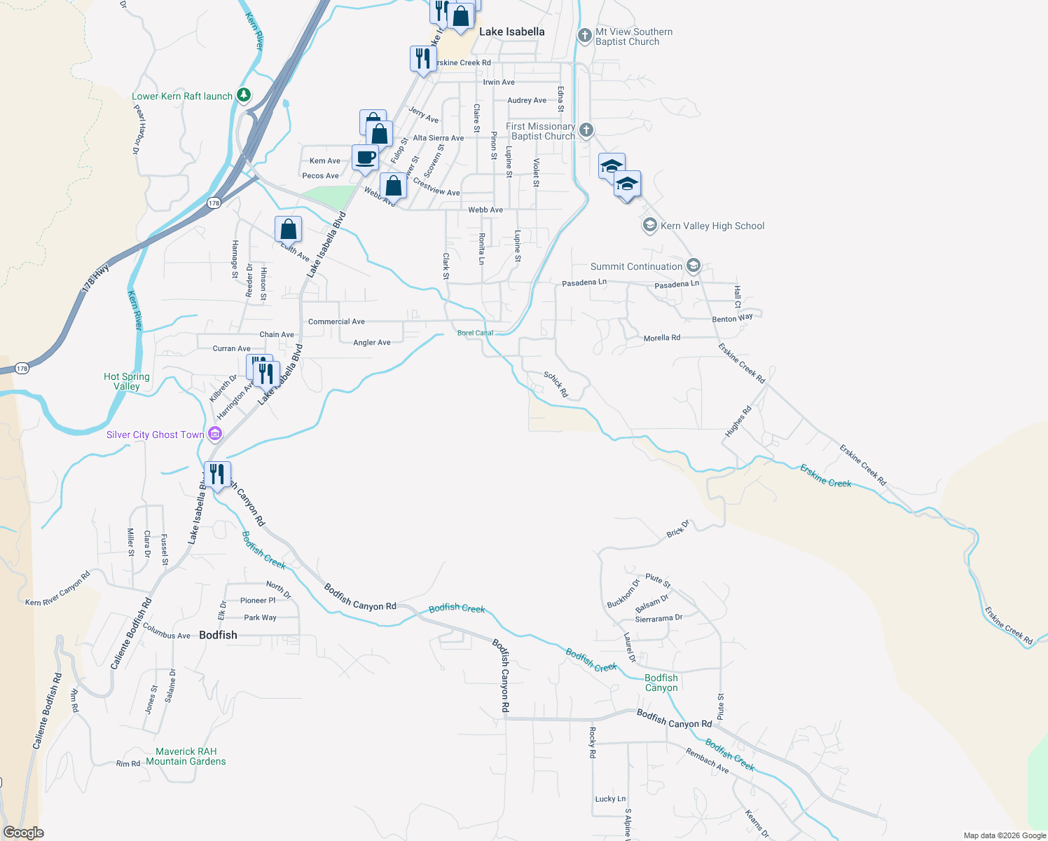map of restaurants, bars, coffee shops, grocery stores, and more near 7759 Red Hill Road in Lake Isabella
