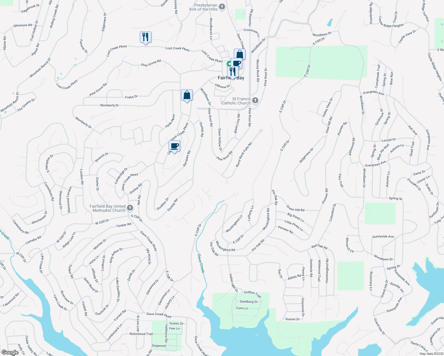 map of restaurants, bars, coffee shops, grocery stores, and more near 206 Burnt Rock Falls Road in Fairfield Bay