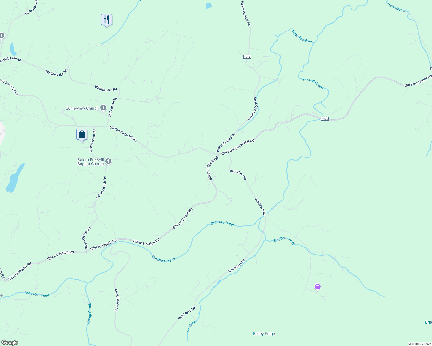 map of restaurants, bars, coffee shops, grocery stores, and more near 65 Silvers Welch Road in Old Fort