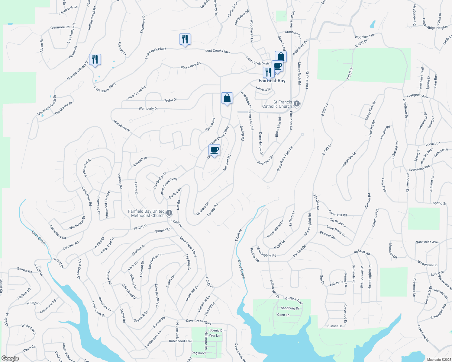 map of restaurants, bars, coffee shops, grocery stores, and more near 106 Set Court in Fairfield Bay