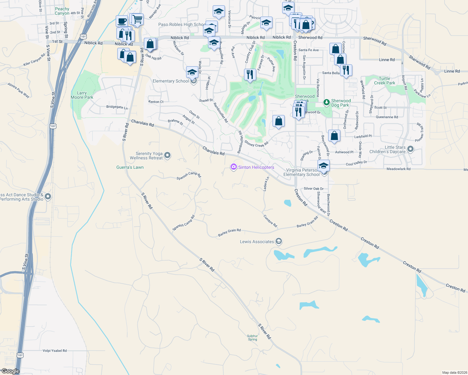 map of restaurants, bars, coffee shops, grocery stores, and more near 1685 Arbolado Road in Paso Robles