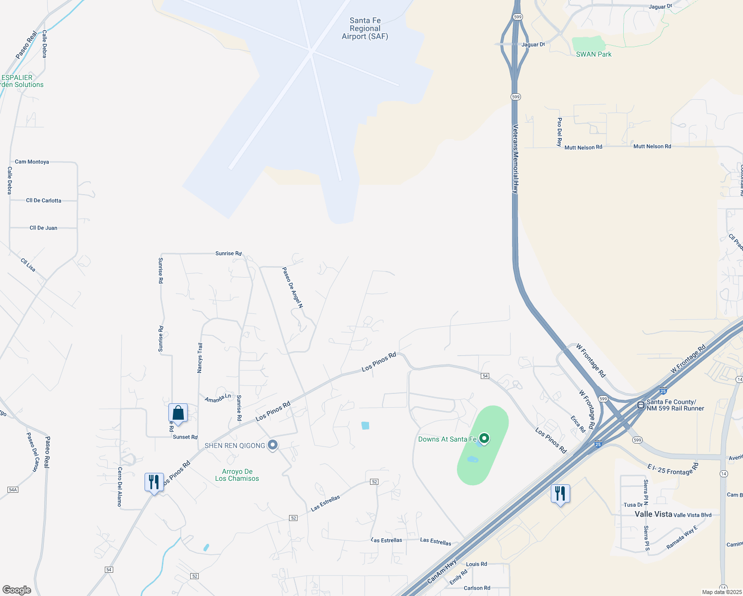 map of restaurants, bars, coffee shops, grocery stores, and more near 42 Cuerno De Vaca Drive in Santa Fe