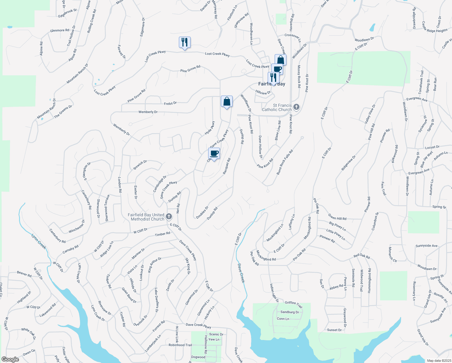 map of restaurants, bars, coffee shops, grocery stores, and more near 106 Set Court in Fairfield Bay