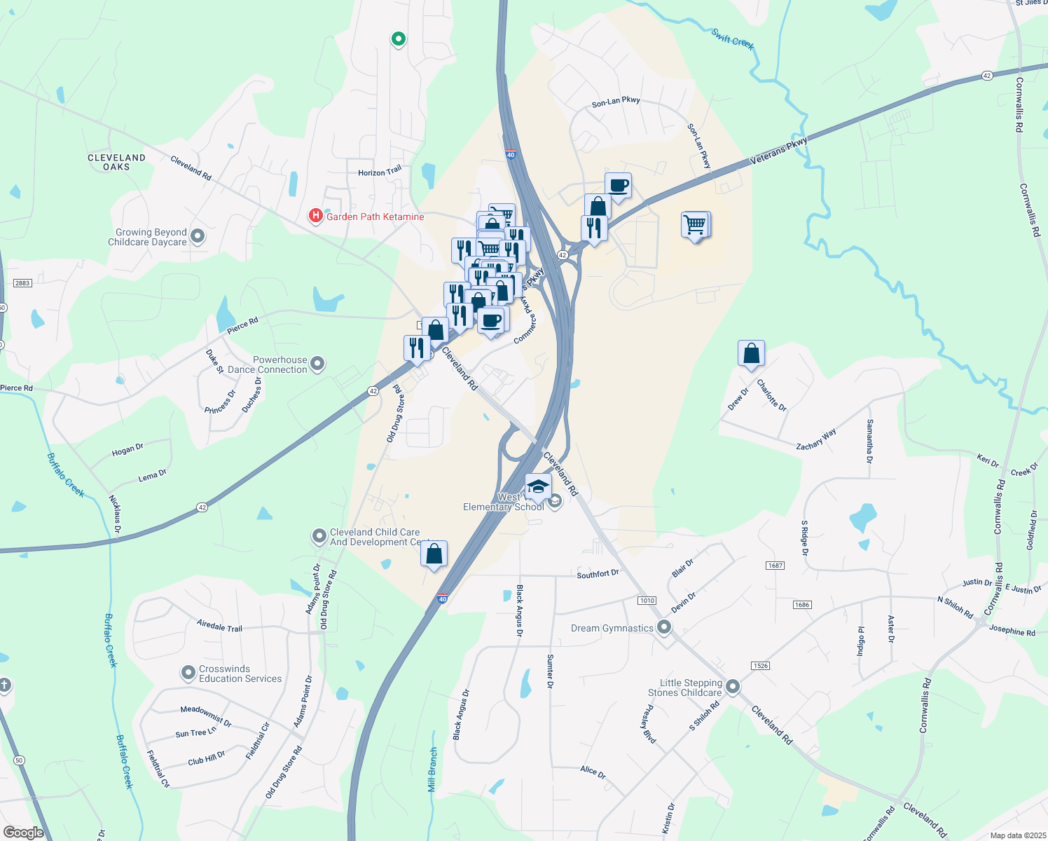 map of restaurants, bars, coffee shops, grocery stores, and more near 12022 Cleveland Road in Garner