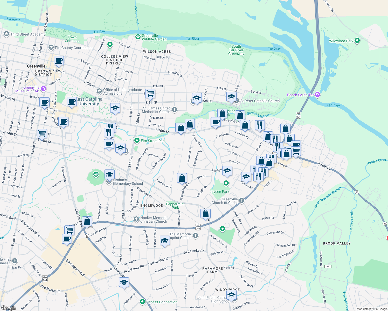 map of restaurants, bars, coffee shops, grocery stores, and more near 1110 W Ragsdale Rd in Greenville