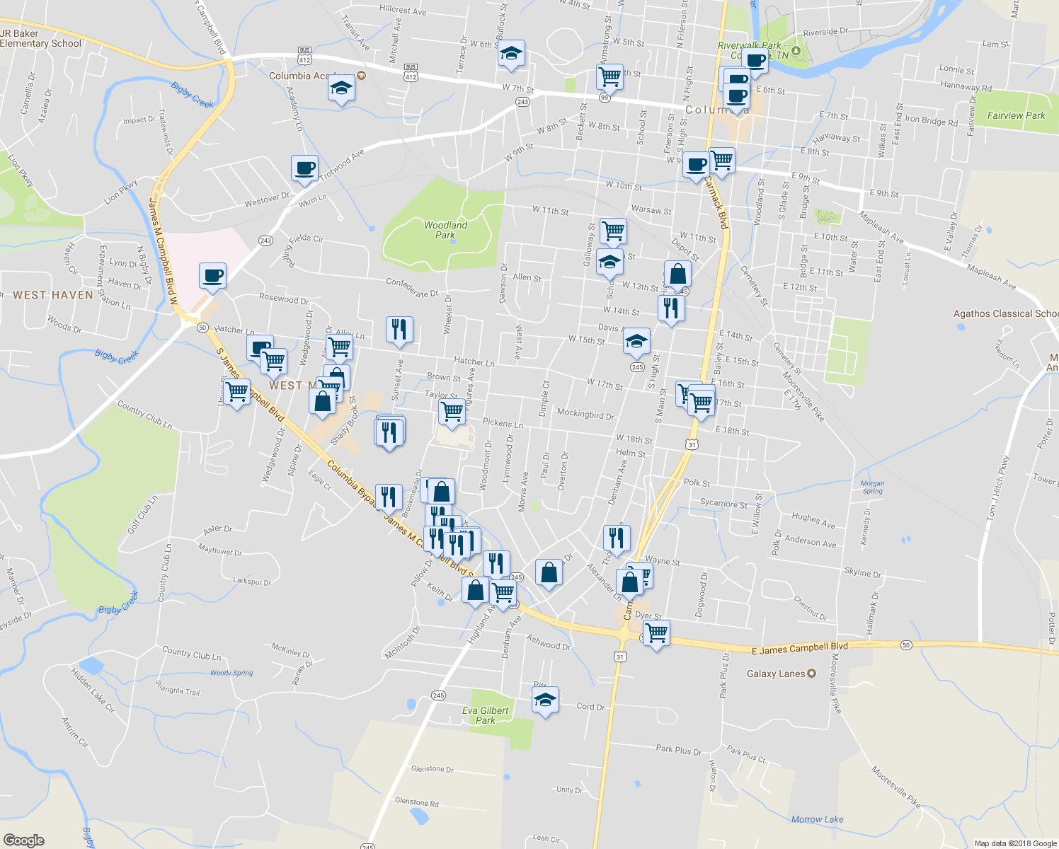 map of restaurants, bars, coffee shops, grocery stores, and more near 400 Pickens Lane in Columbia