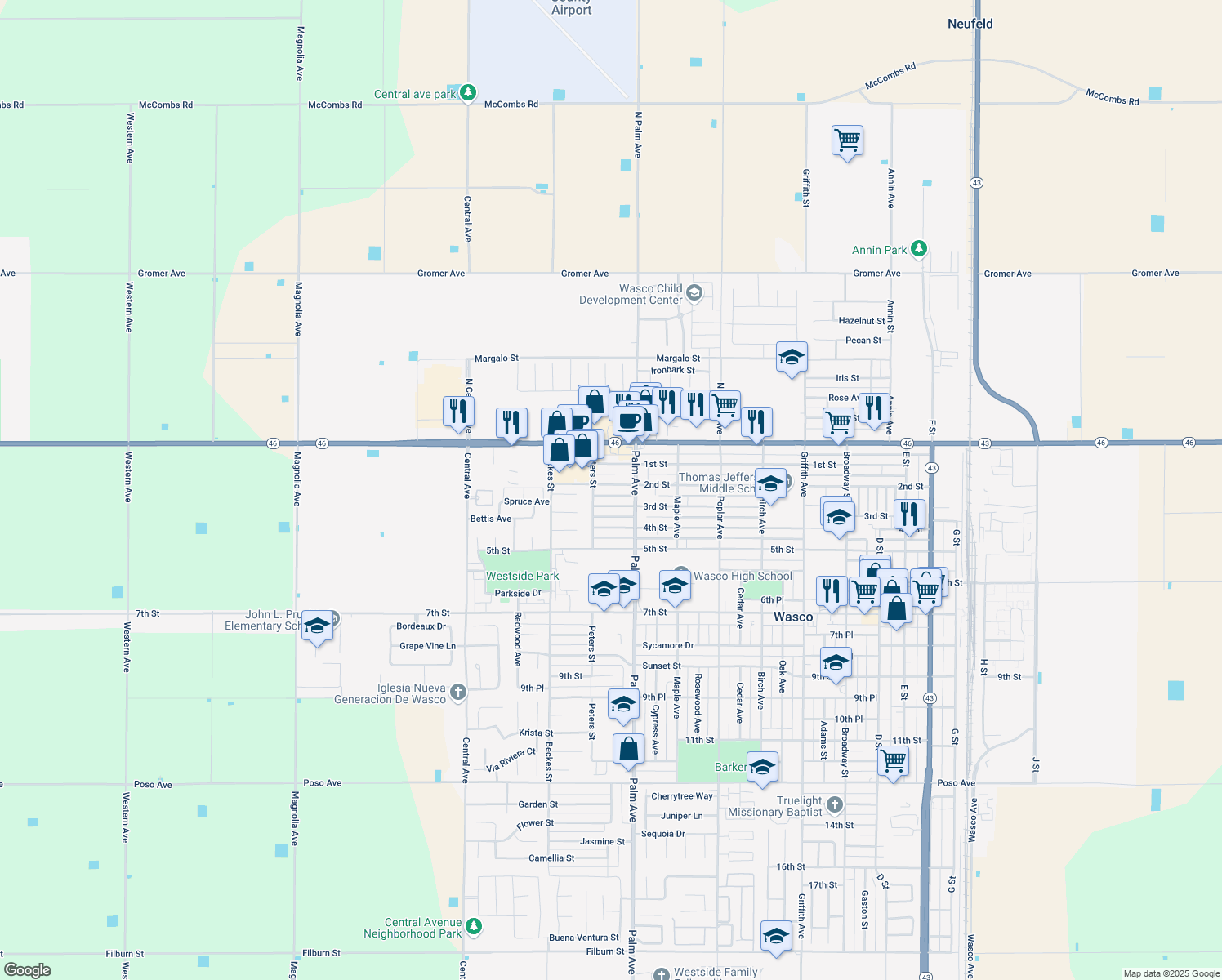 map of restaurants, bars, coffee shops, grocery stores, and more near 2209 2nd Street in Wasco