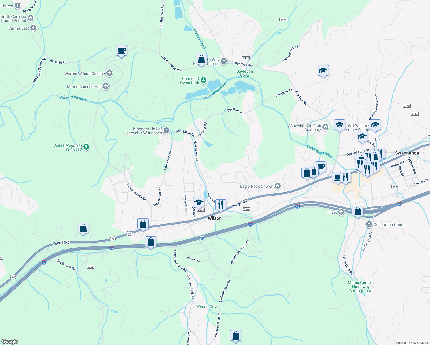 map of restaurants, bars, coffee shops, grocery stores, and more near 7 Kimberly Lane in Swannanoa