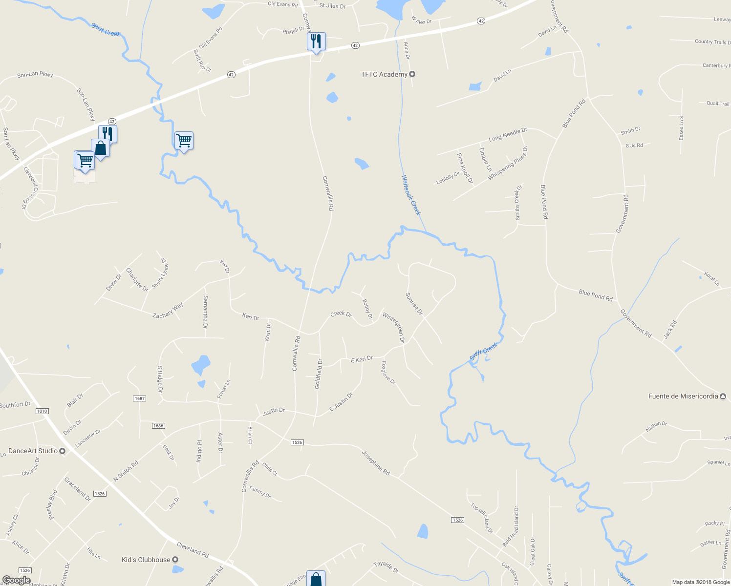 map of restaurants, bars, coffee shops, grocery stores, and more near 120 Bobby Drive in Garner