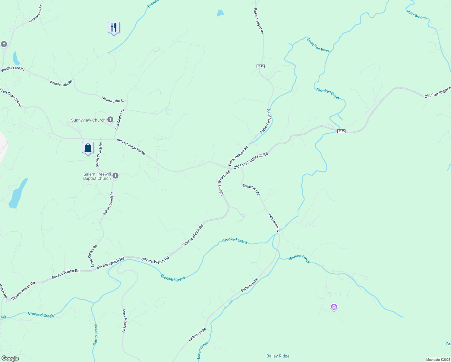 map of restaurants, bars, coffee shops, grocery stores, and more near 65 Silvers Welch Road in Old Fort