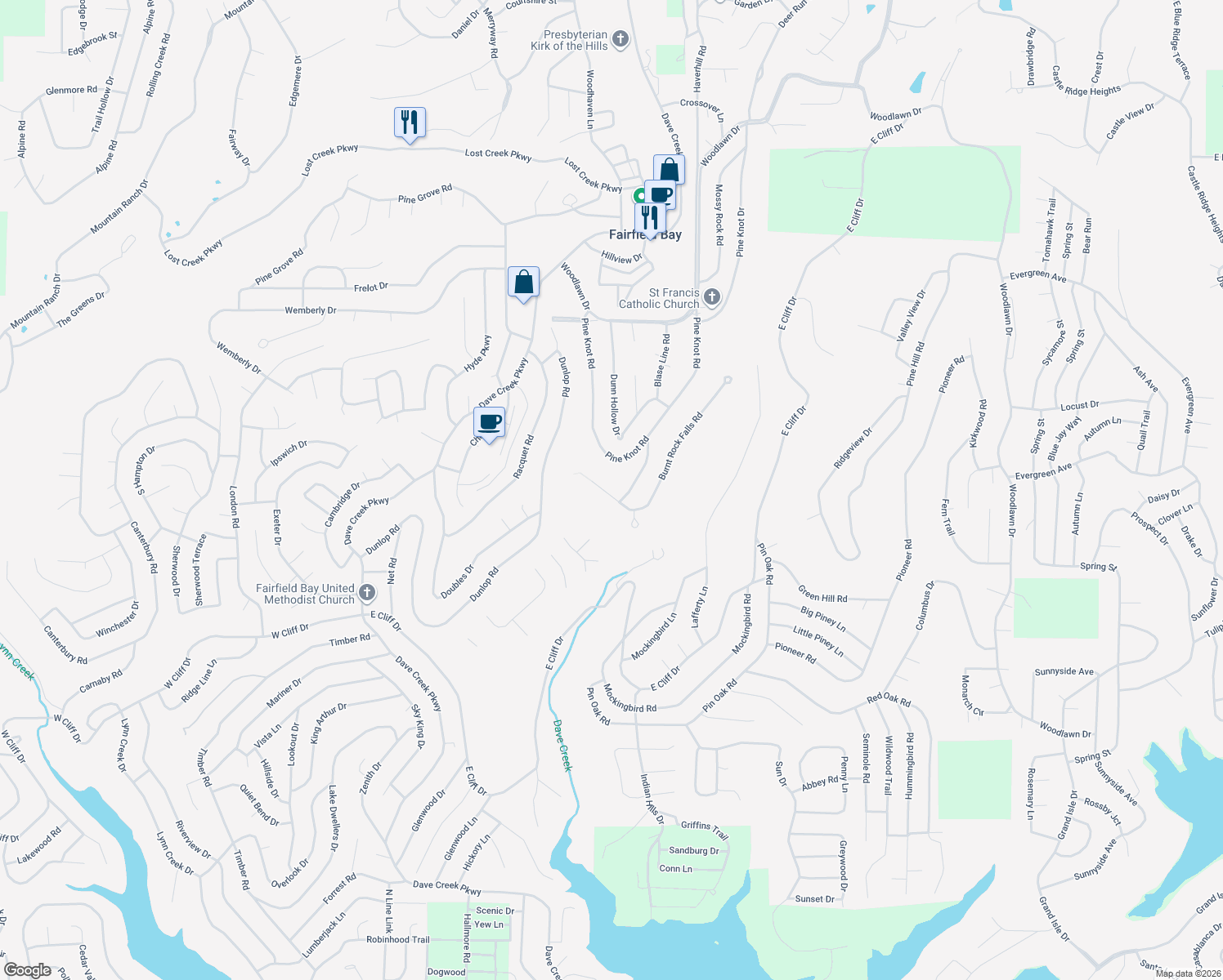 map of restaurants, bars, coffee shops, grocery stores, and more near 206 Burnt Rock Falls Road in Fairfield Bay
