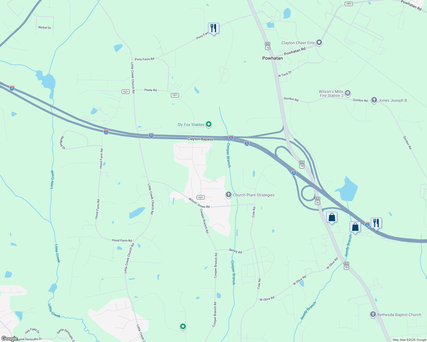 map of restaurants, bars, coffee shops, grocery stores, and more near 2252 Cooper Branch Road in Clayton