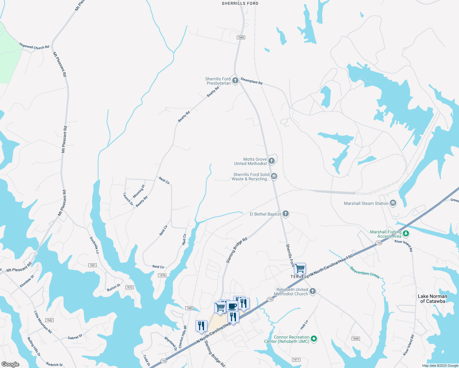 map of restaurants, bars, coffee shops, grocery stores, and more near 7895 Raynard Street in Sherrills Ford