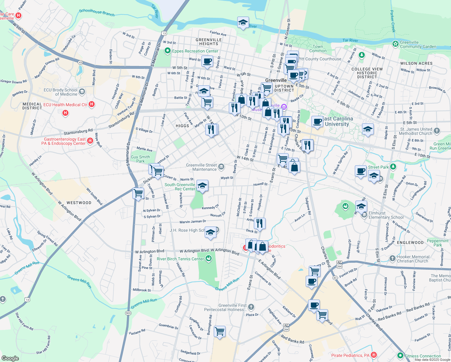 map of restaurants, bars, coffee shops, grocery stores, and more near 1604 Henry St in Greenville