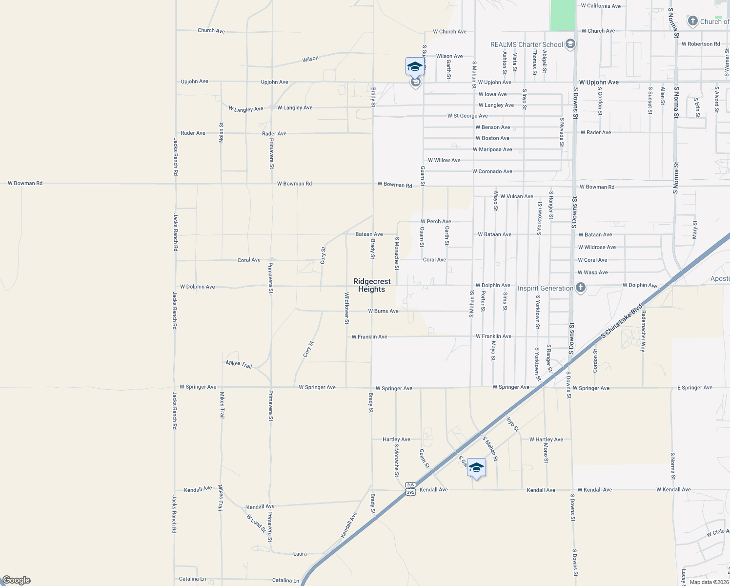 map of restaurants, bars, coffee shops, grocery stores, and more near 1321 Brady Street in Ridgecrest