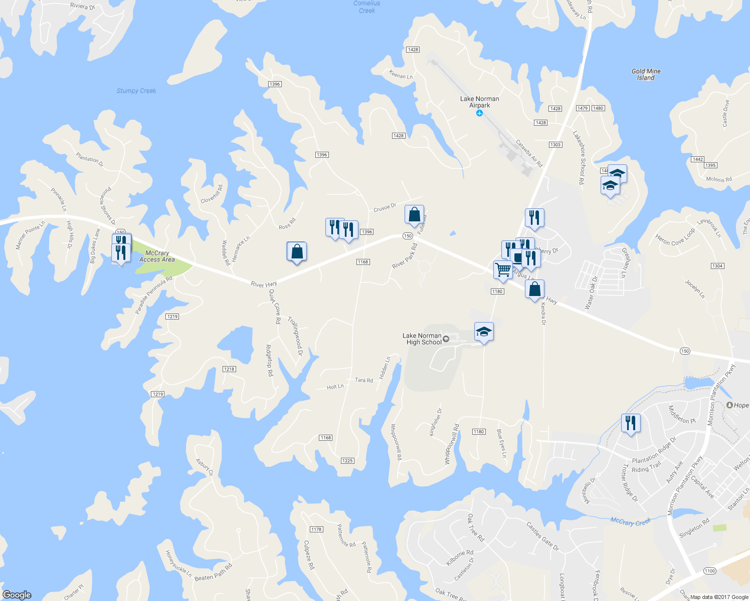 map of restaurants, bars, coffee shops, grocery stores, and more near 163 McCrary Road in Mooresville