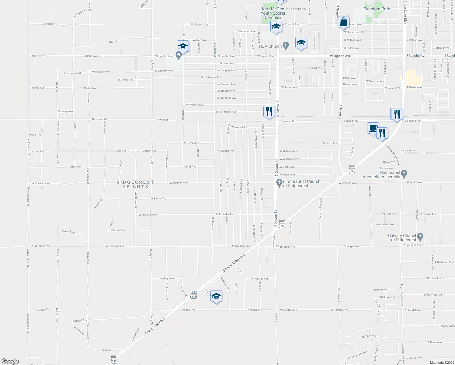map of restaurants, bars, coffee shops, grocery stores, and more near Mayo Street in Ridgecrest