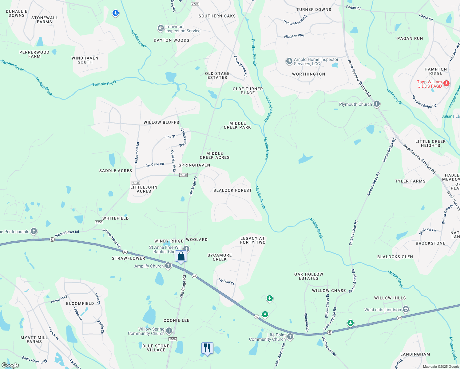 map of restaurants, bars, coffee shops, grocery stores, and more near Blalock Forest Drive in Willow Spring