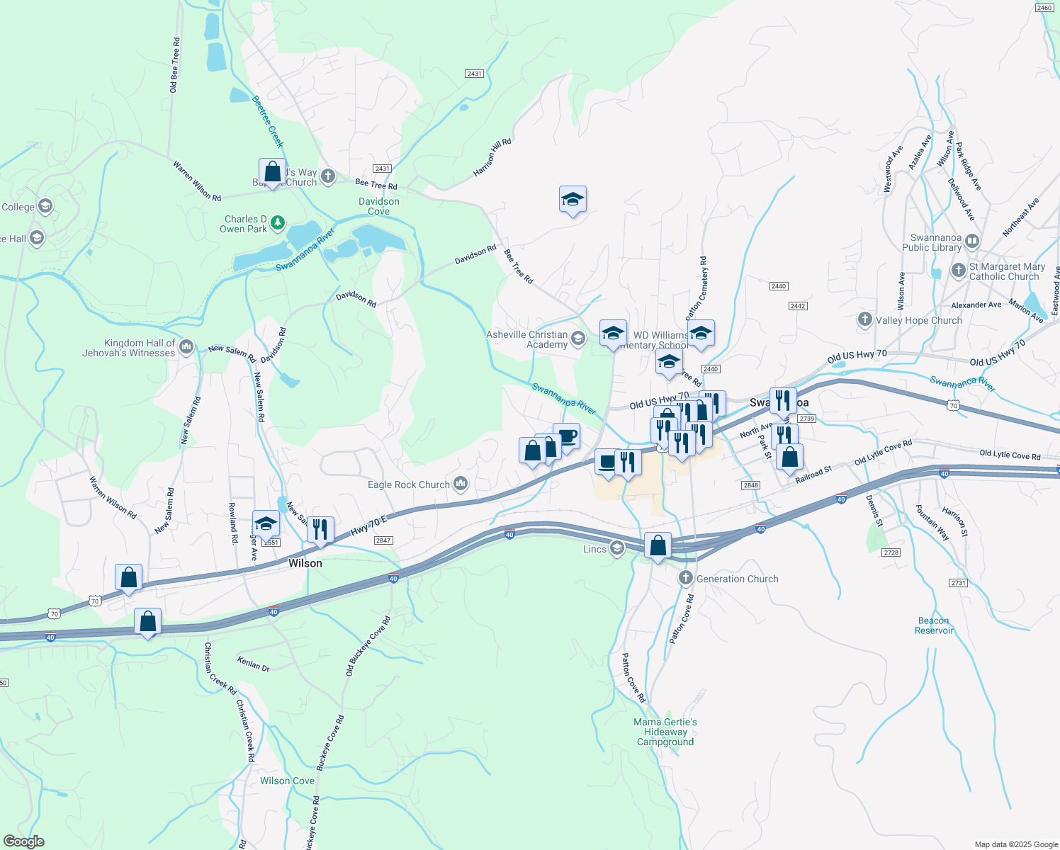 map of restaurants, bars, coffee shops, grocery stores, and more near Franklin Road in Swannanoa