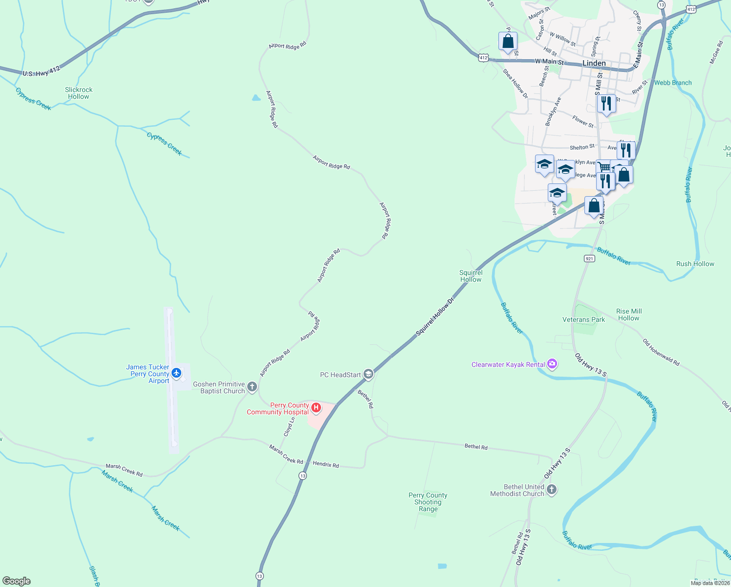 map of restaurants, bars, coffee shops, grocery stores, and more near Airport Ridge Road in Linden