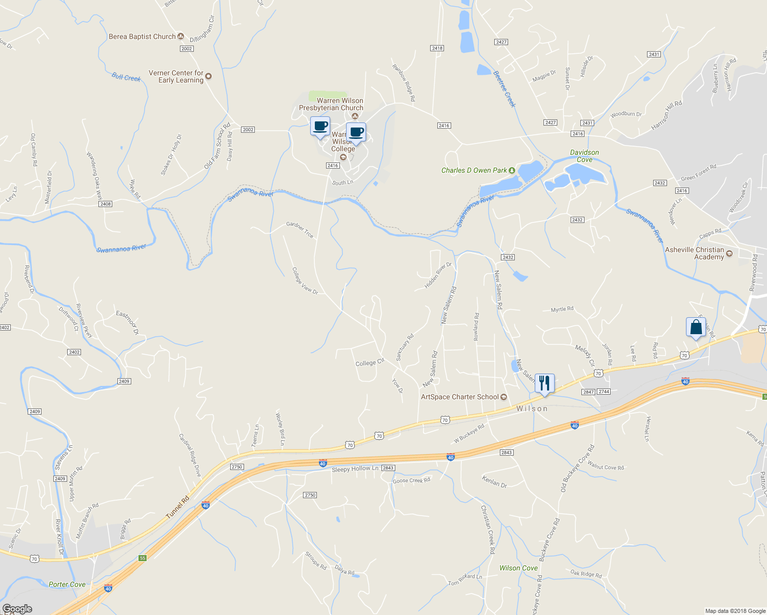 map of restaurants, bars, coffee shops, grocery stores, and more near 55 Morton Circle in Swannanoa