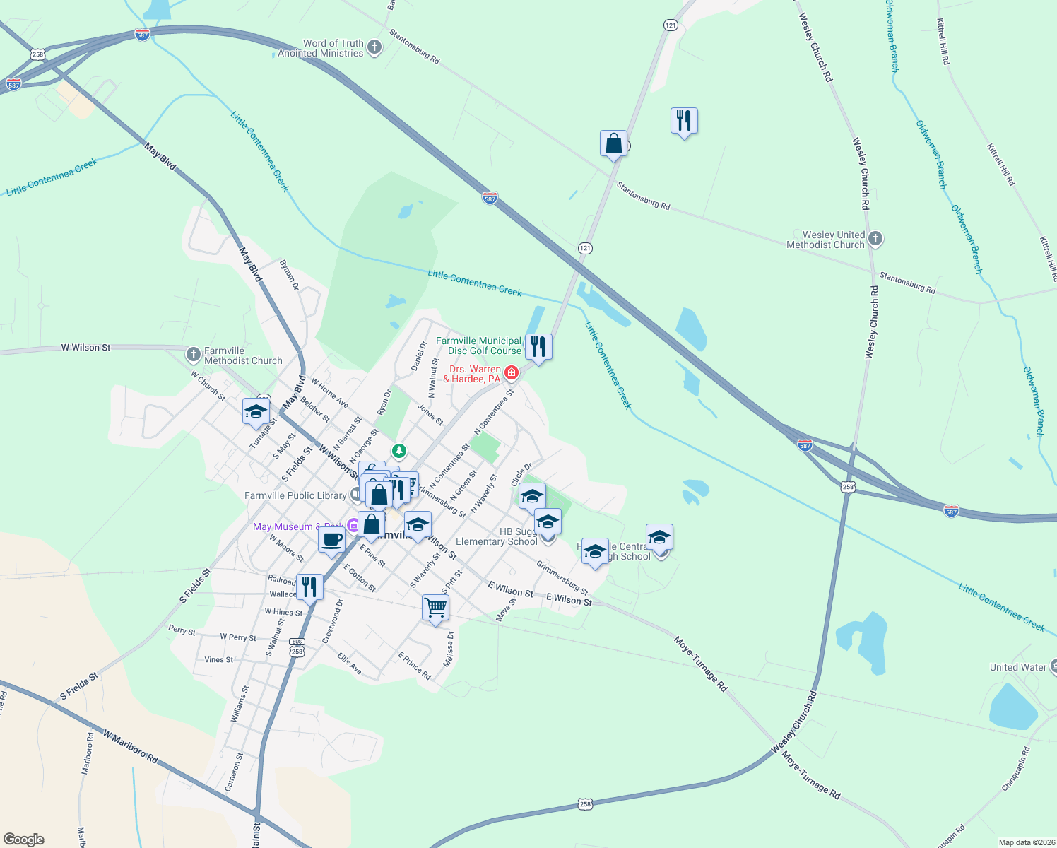 map of restaurants, bars, coffee shops, grocery stores, and more near 4052 Pinecrest Dr in Farmville