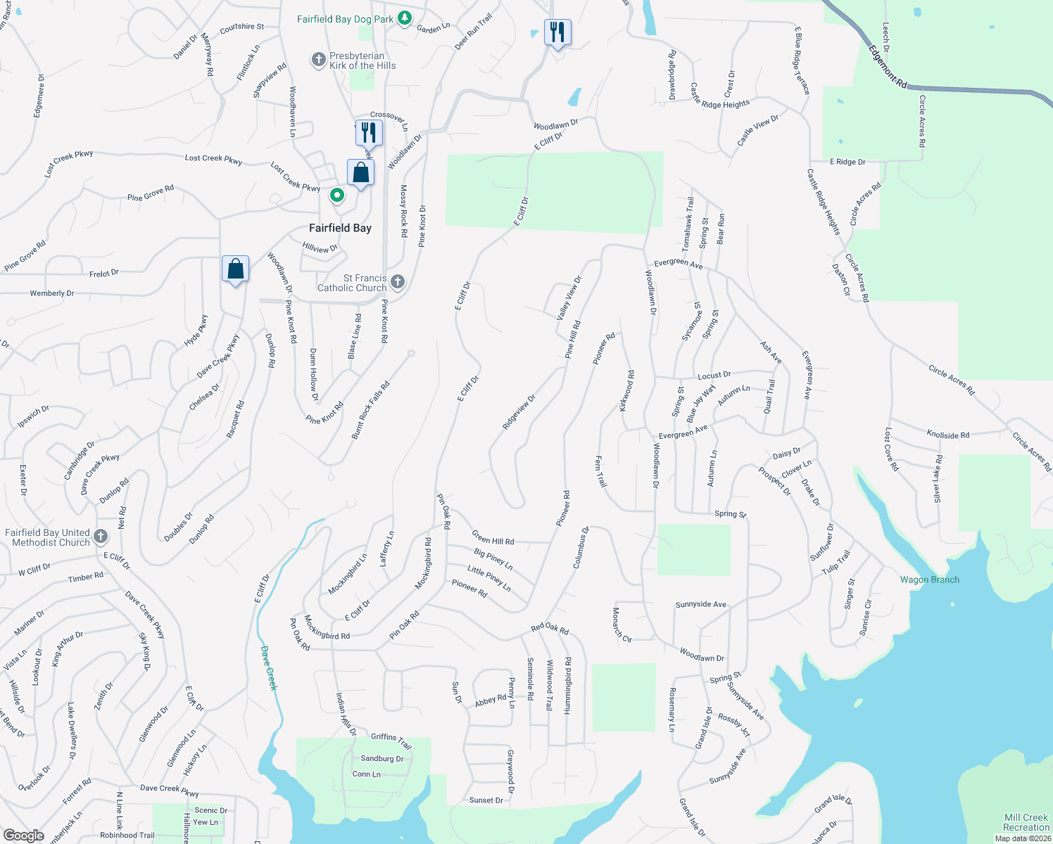 map of restaurants, bars, coffee shops, grocery stores, and more near 234 Pine Hill Road in Fairfield Bay