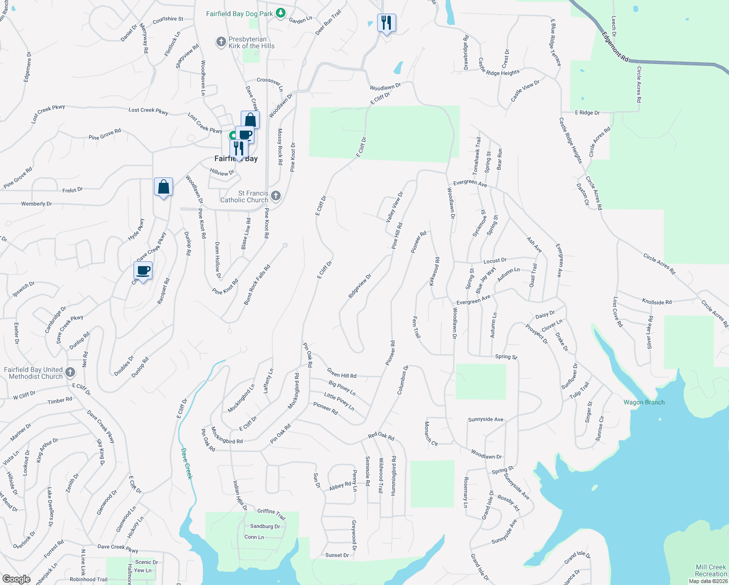 map of restaurants, bars, coffee shops, grocery stores, and more near 234 Pine Hill Road in Fairfield Bay