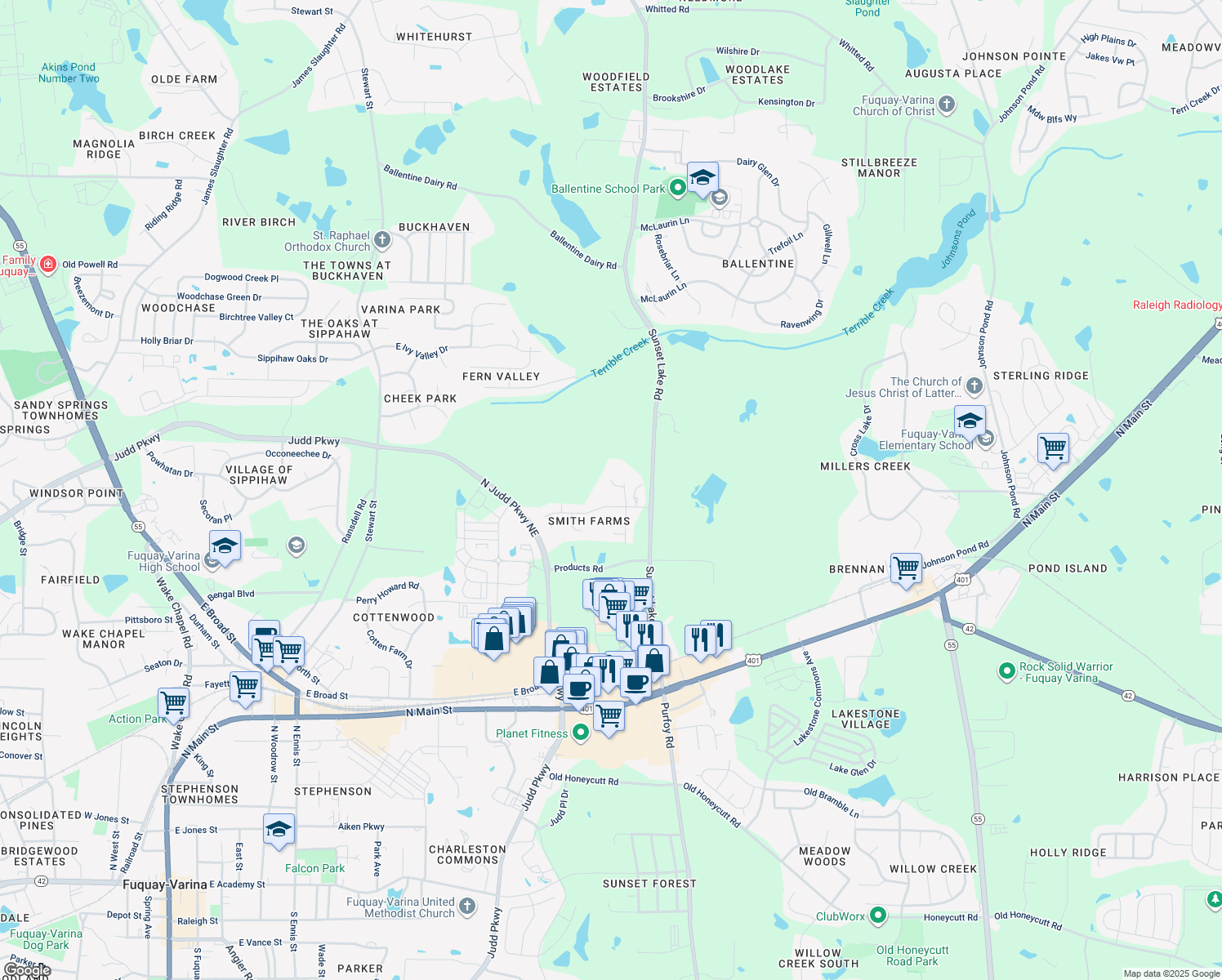 map of restaurants, bars, coffee shops, grocery stores, and more near 1412 New Moon Court in Fuquay Varina