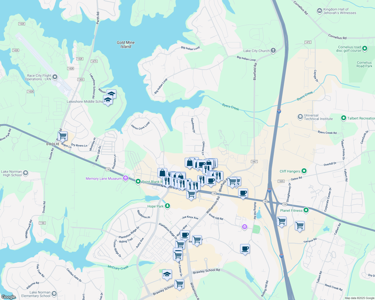 map of restaurants, bars, coffee shops, grocery stores, and more near 168 Walmsley Place in Mooresville