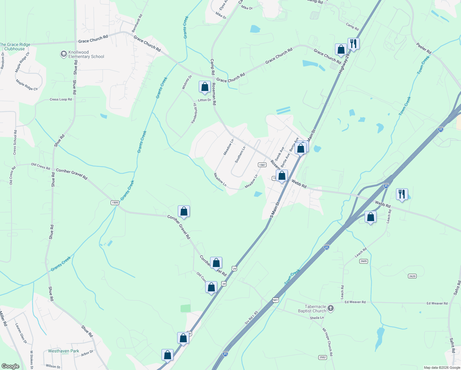 map of restaurants, bars, coffee shops, grocery stores, and more near 6180 Meadow Ln in Salisbury