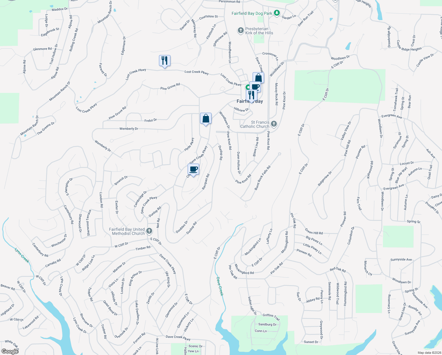 map of restaurants, bars, coffee shops, grocery stores, and more near 154 Pine Knot Road in Fairfield Bay