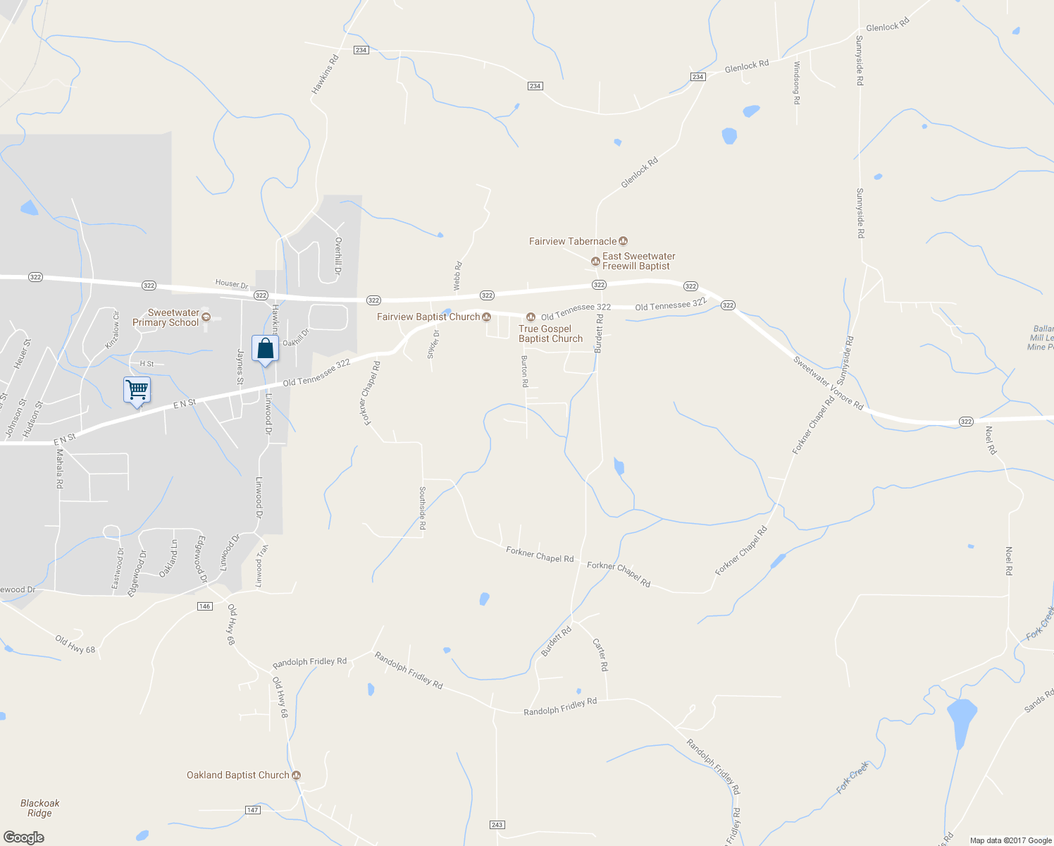 map of restaurants, bars, coffee shops, grocery stores, and more near 315 Burton Road in Sweetwater