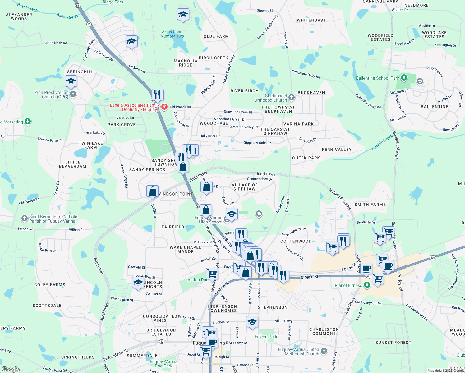 map of restaurants, bars, coffee shops, grocery stores, and more near 501 Powhatan Drive in Fuquay Varina