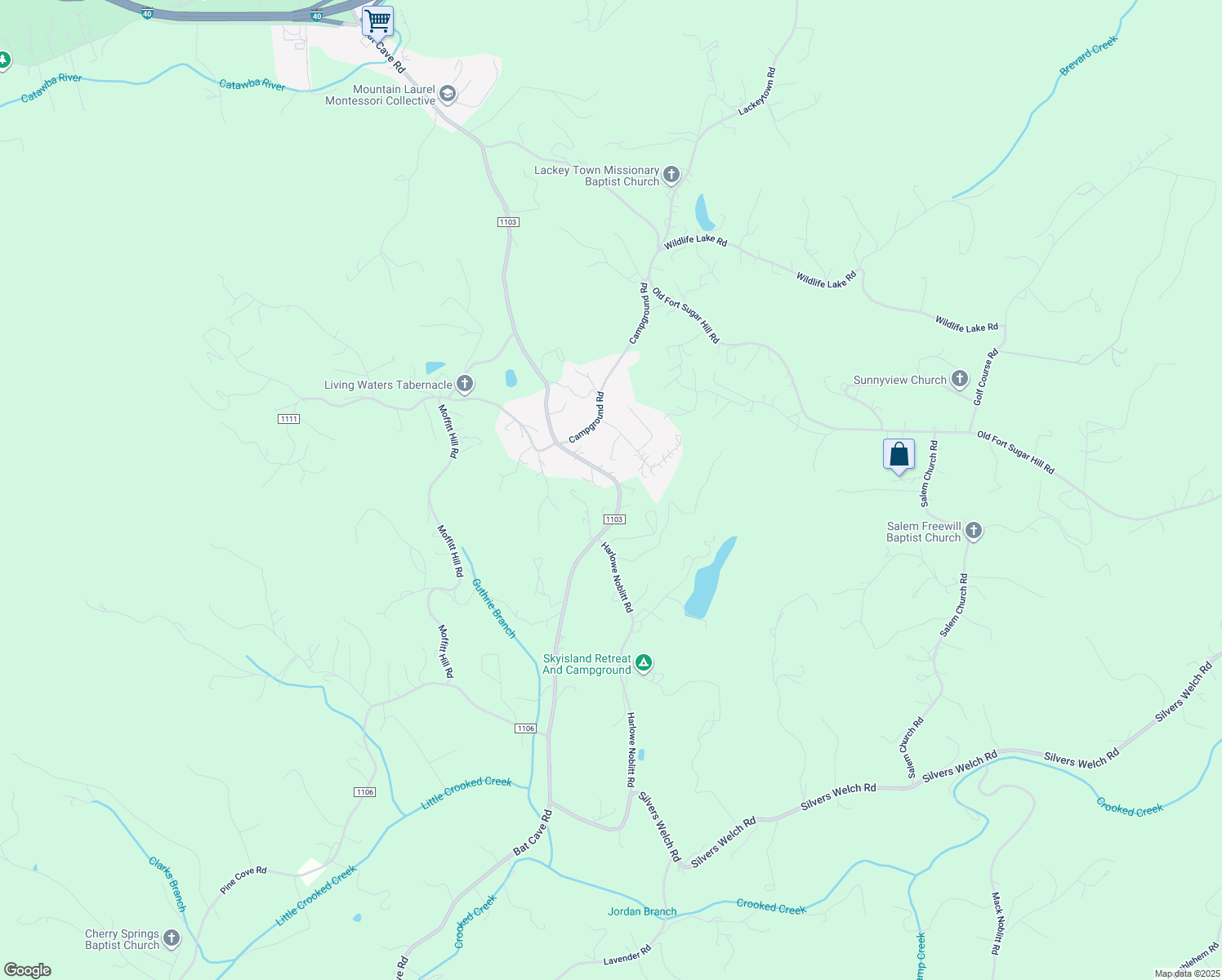 map of restaurants, bars, coffee shops, grocery stores, and more near 2135 Bat Cave Road in Old Fort