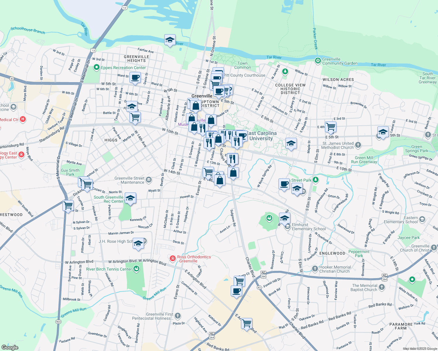 map of restaurants, bars, coffee shops, grocery stores, and more near 1303 Cotanche Street in Greenville