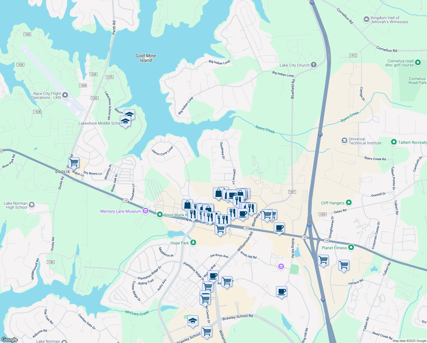 map of restaurants, bars, coffee shops, grocery stores, and more near 168 Foxtail Drive in Mooresville