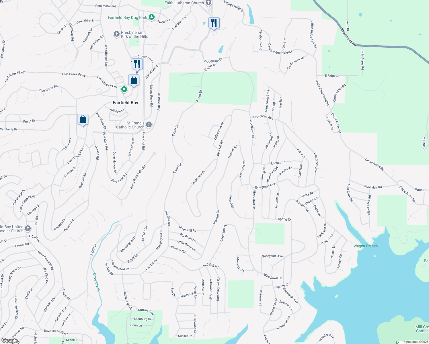 map of restaurants, bars, coffee shops, grocery stores, and more near 216 Pine Hill Road in Fairfield Bay